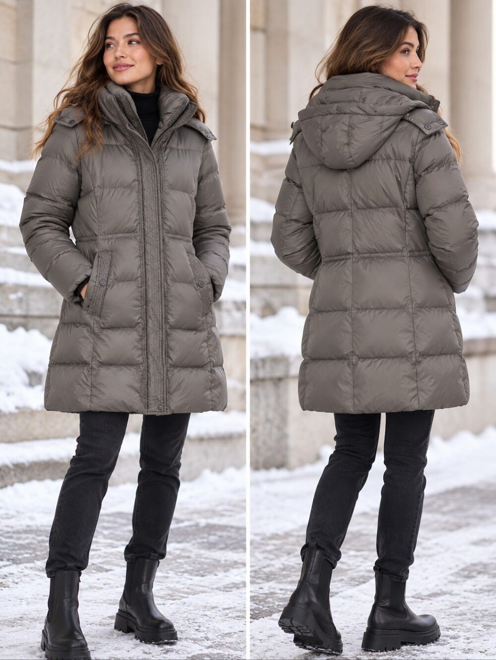 Kenneth Cole Reaction Women's Long Down Puffer Winter Coat Hooded Removable Sz L